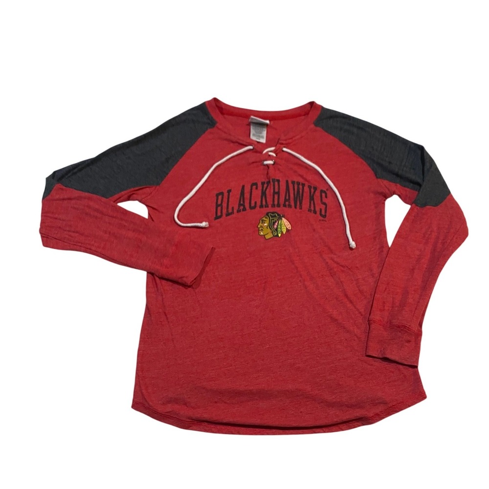 NHL Chicago Blackhawks Lace Up Raglan Long Sleeve Shirt Red Grey Womens Medium